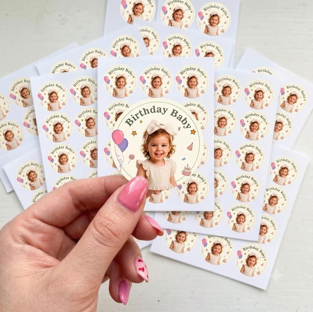 A custom birthday sticker made from a child's photo