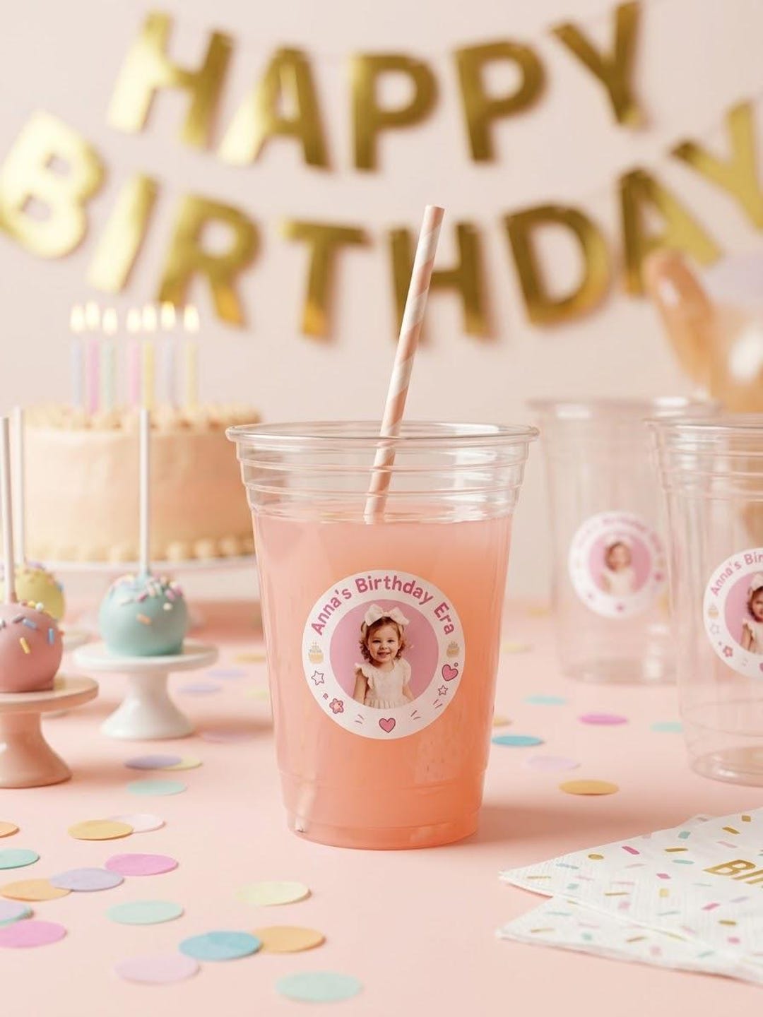 Custom birthday stickers used on gift bags and treats